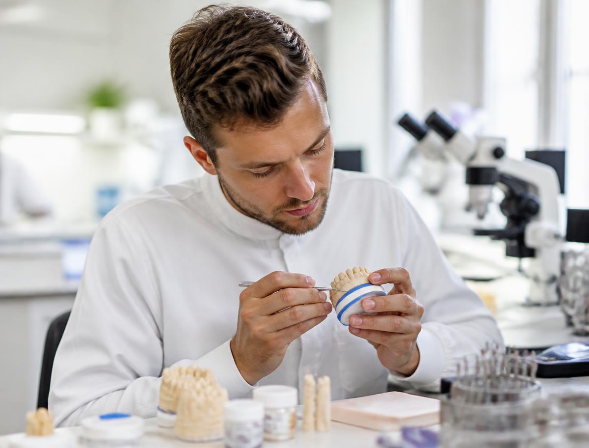 Protético avaliando materiais odontológicos em laboratório